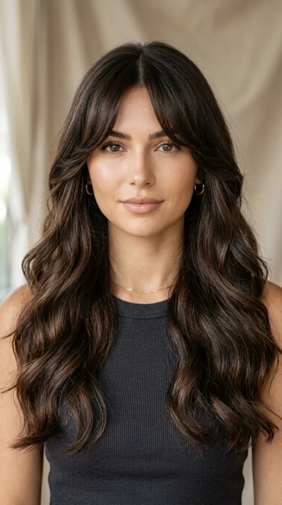 Face-Framing Curtain Bangs with Dark Color