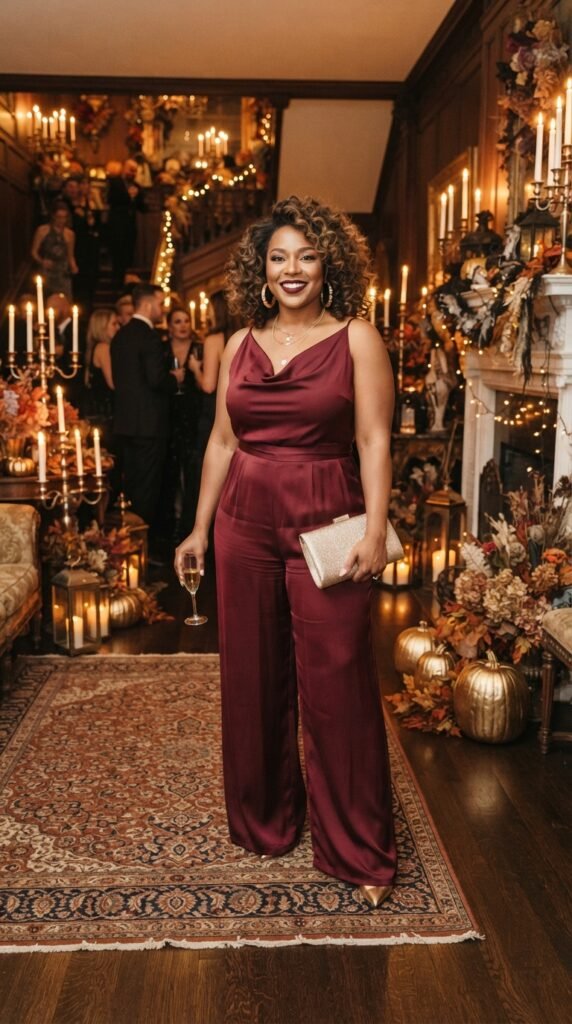 Burgundy Jumpsuit With Gold Accessories