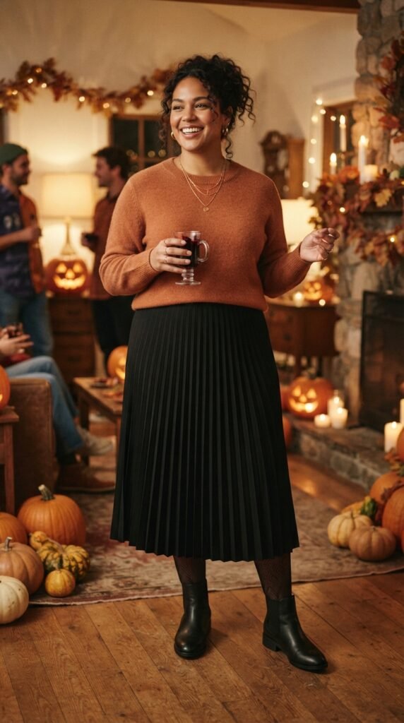 Orange Sweater With a Black Midi Skirt