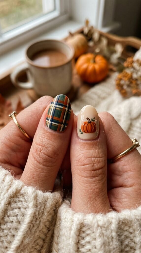 Cozy Plaid Pumpkin Nails