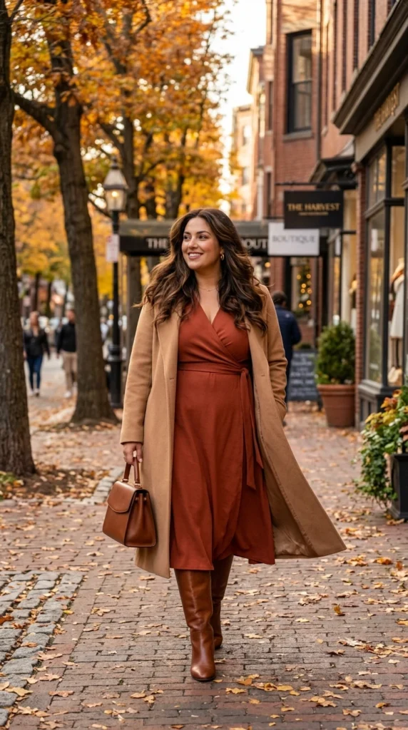 Formula 2: Wrap Dress + Tall Boots + Statement Layer